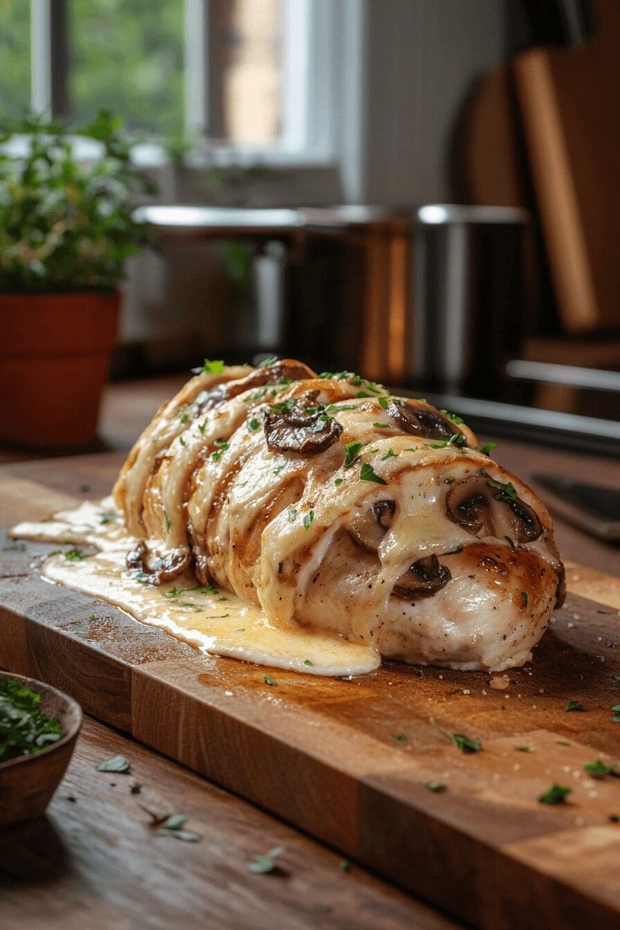 cheesy garlic butter mushroom stuffed chicken