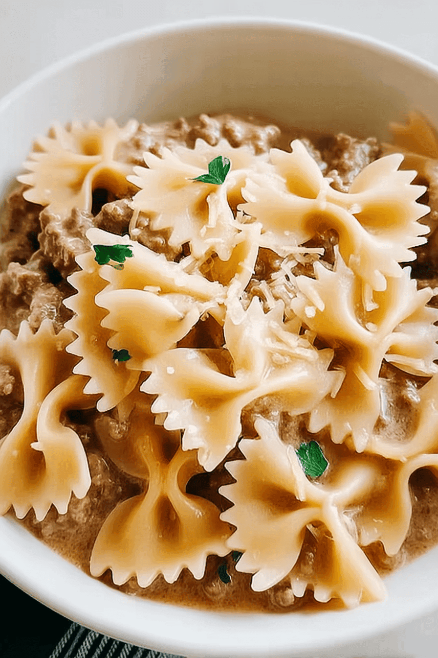 creamy beef and bowtie pasta