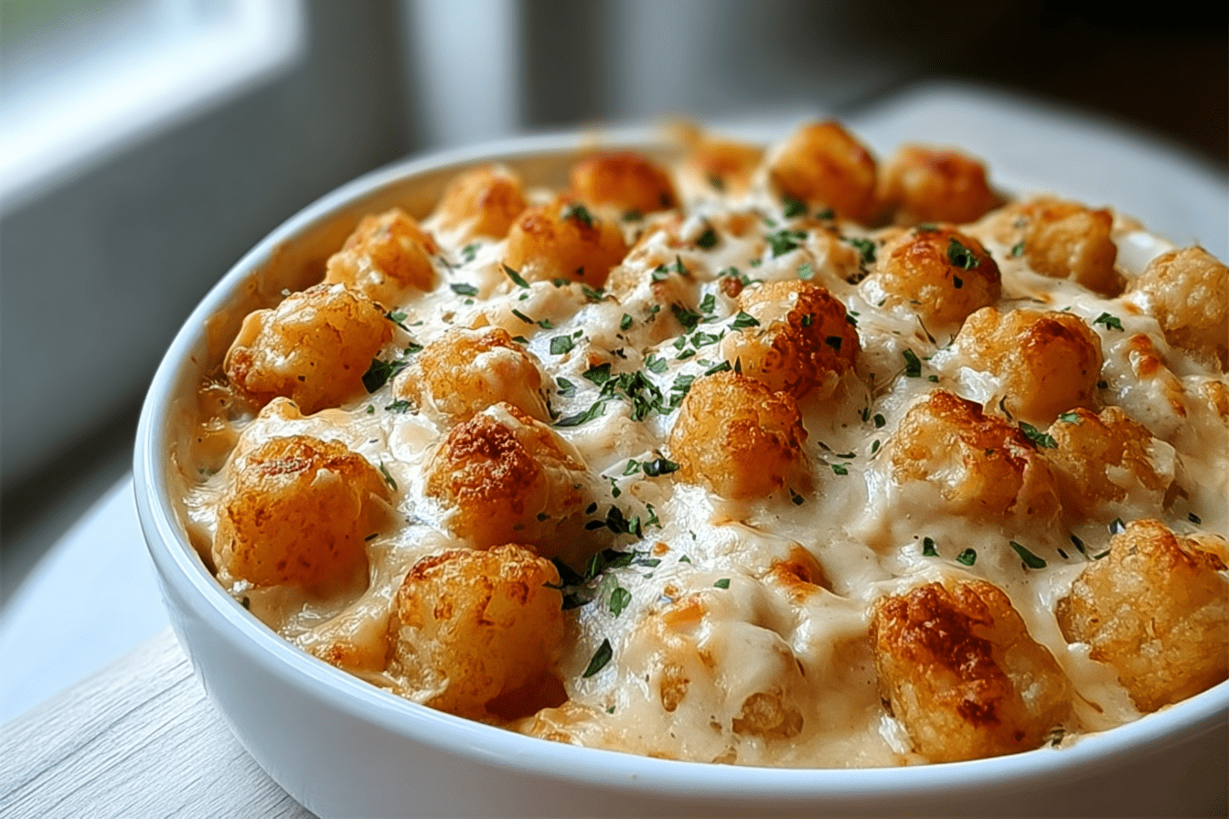 Creamy Chicken Alfredo Tater Tot Bake